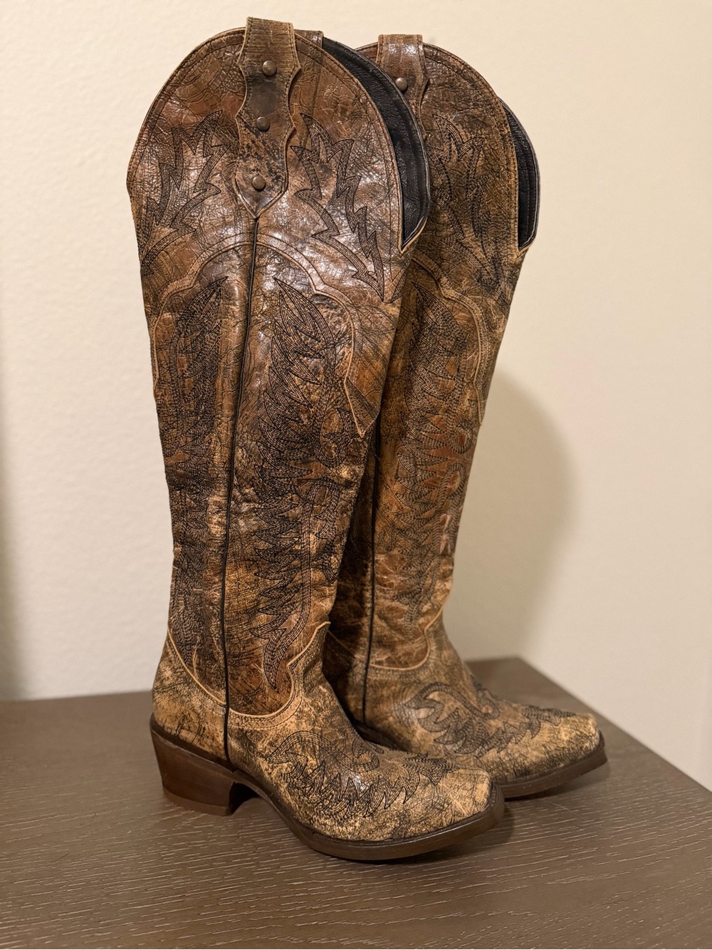 Tooled Leather Cowboy Boots in Distressed Brown